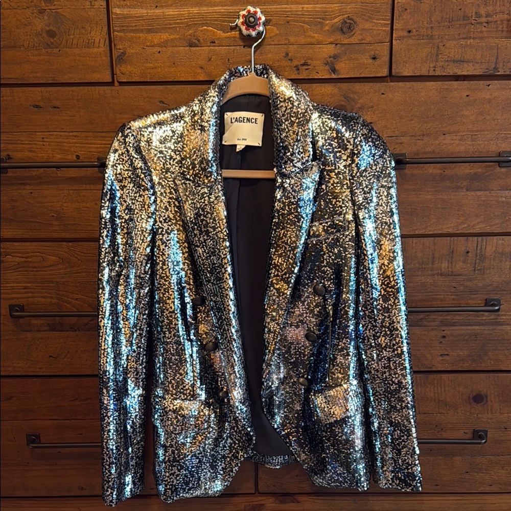 L'AGENCE Silver Sequin Blazer for Special Occasions